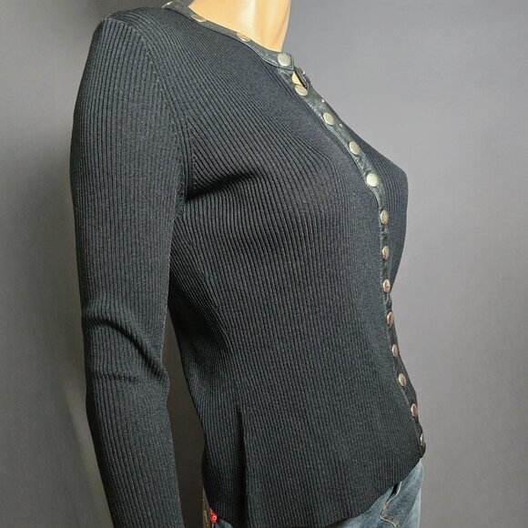 Y2K Black Ribbed Sweater Silver Snap Buttons Leather Trim Size S Gothic Vampy - Picture 10 of 13